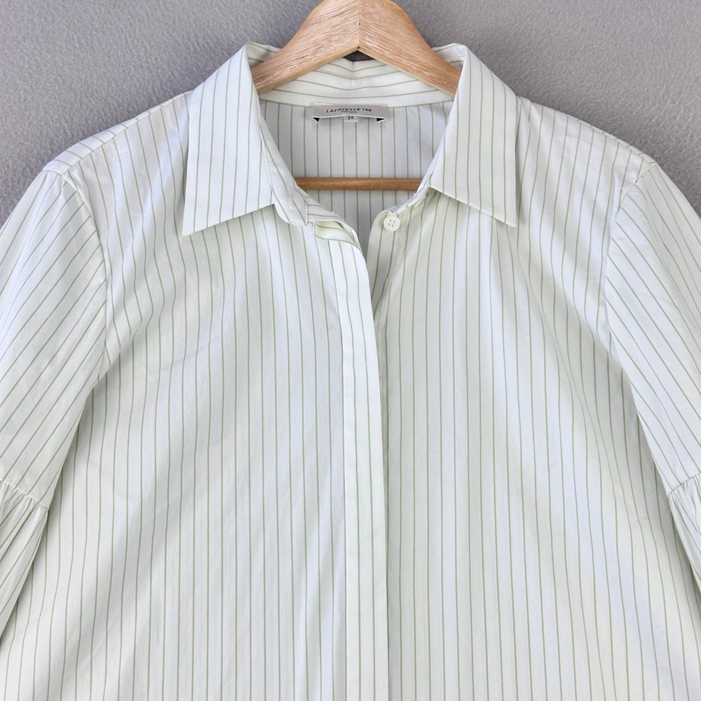 Lafayette 148 New York Striped Button Up Shirt Women M Green Balloon Sleeve - Picture 2 of 9